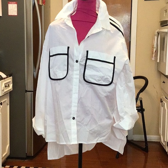 NWT Stylewe White Cotton Button down with Two Black Stripes on the arms. - Picture 2 of 5